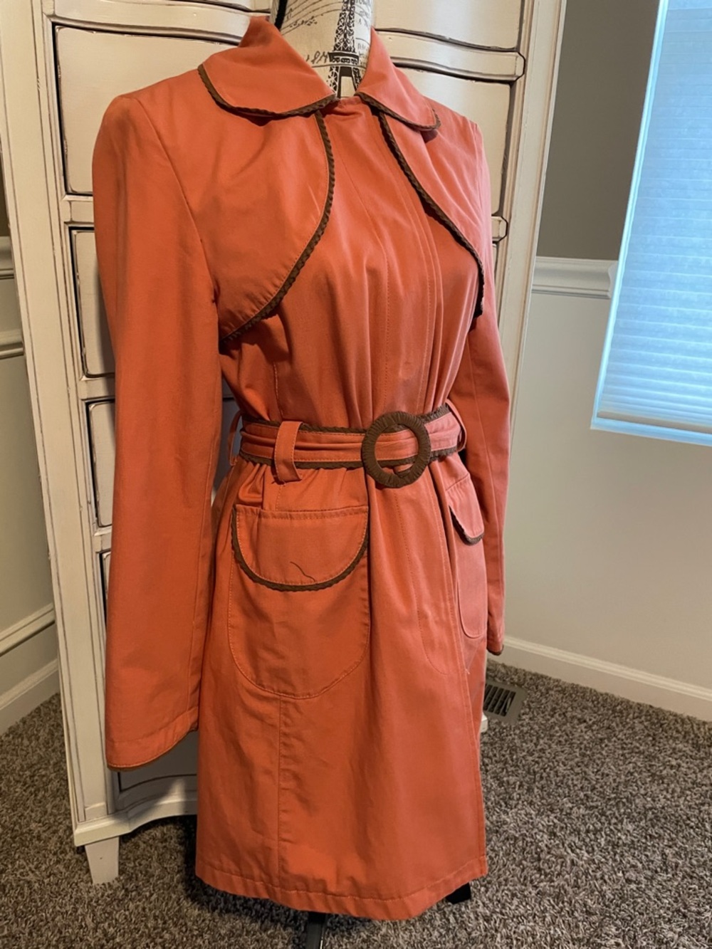 Nine West Orange Trench Coat with Contrast Trim and Belt.  Size M